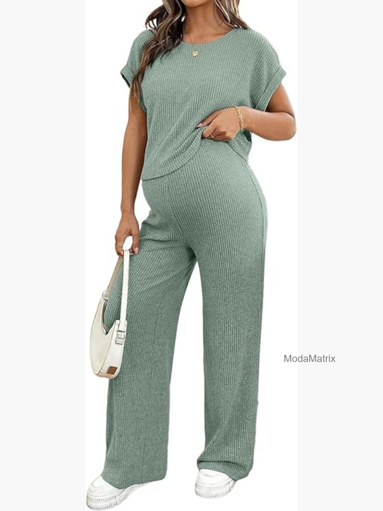 Maternity Pajama Set Short Sleeve Ribbed Lounge Sleepwear 2 Piece Medium